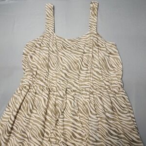Cactus + Pearl Maxi Dress Women XL Tan Zebra Print Linen Blend Tiered Sleeveless